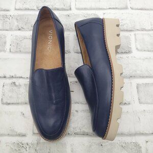 NWOB Vionic Kensley Navy Leather Sleek Loafers Chunky Lug Sole Women's Size 6.5